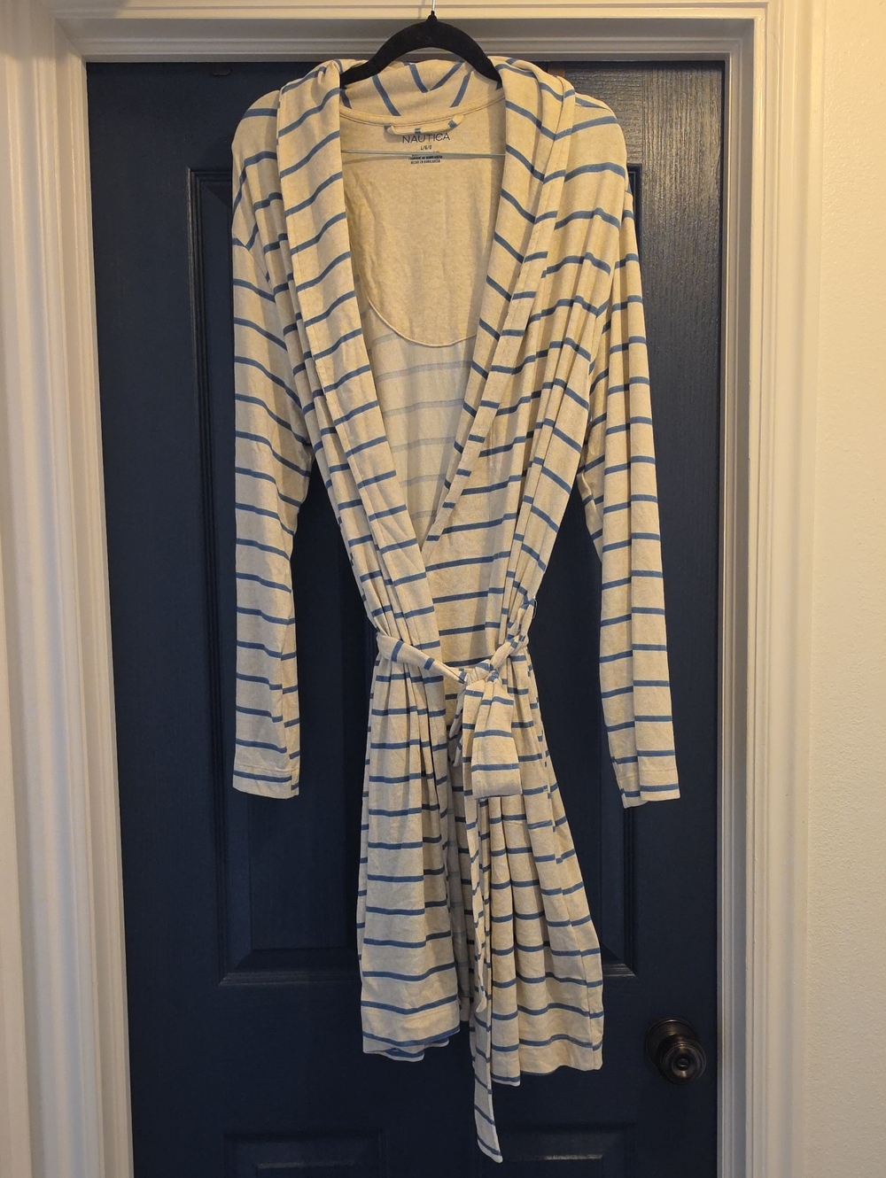 Nautica Women's Large Striped Wrap Robe in Cream and Light Blue